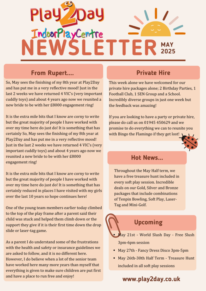 May Newsletter from Play2Day, Guyhurn